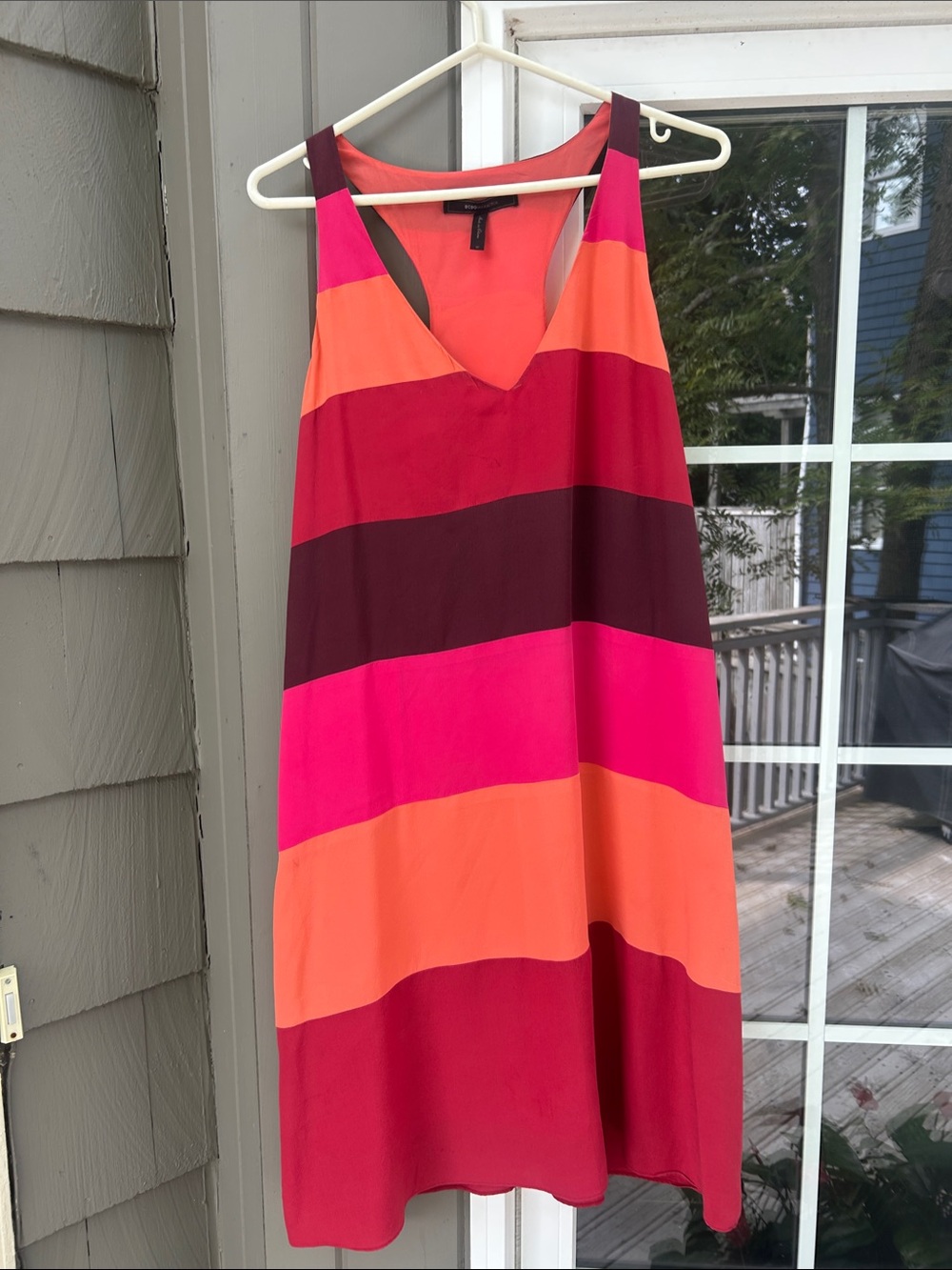 Sleeveless V-Neck Multi-Stripe Shift Dress in Hot Pink & Orange